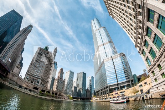 Picture of View of Chicago skyscrapers from Chicago River with Fisheye lens Illinois USA